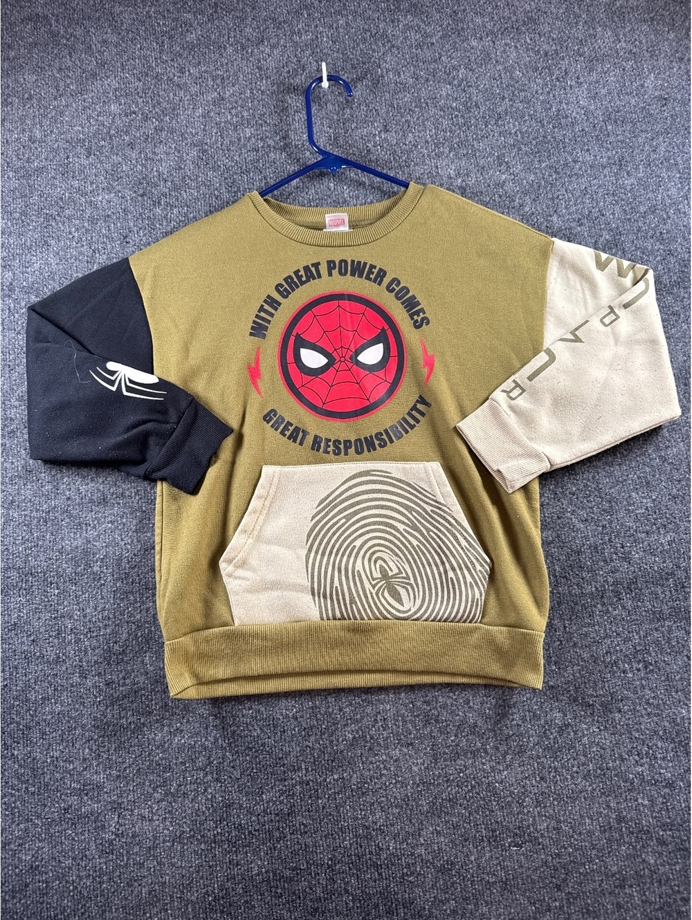 Marvel Spider-Man Kids Sweatshirt Size 8 Olive Green Colorblock Pullover